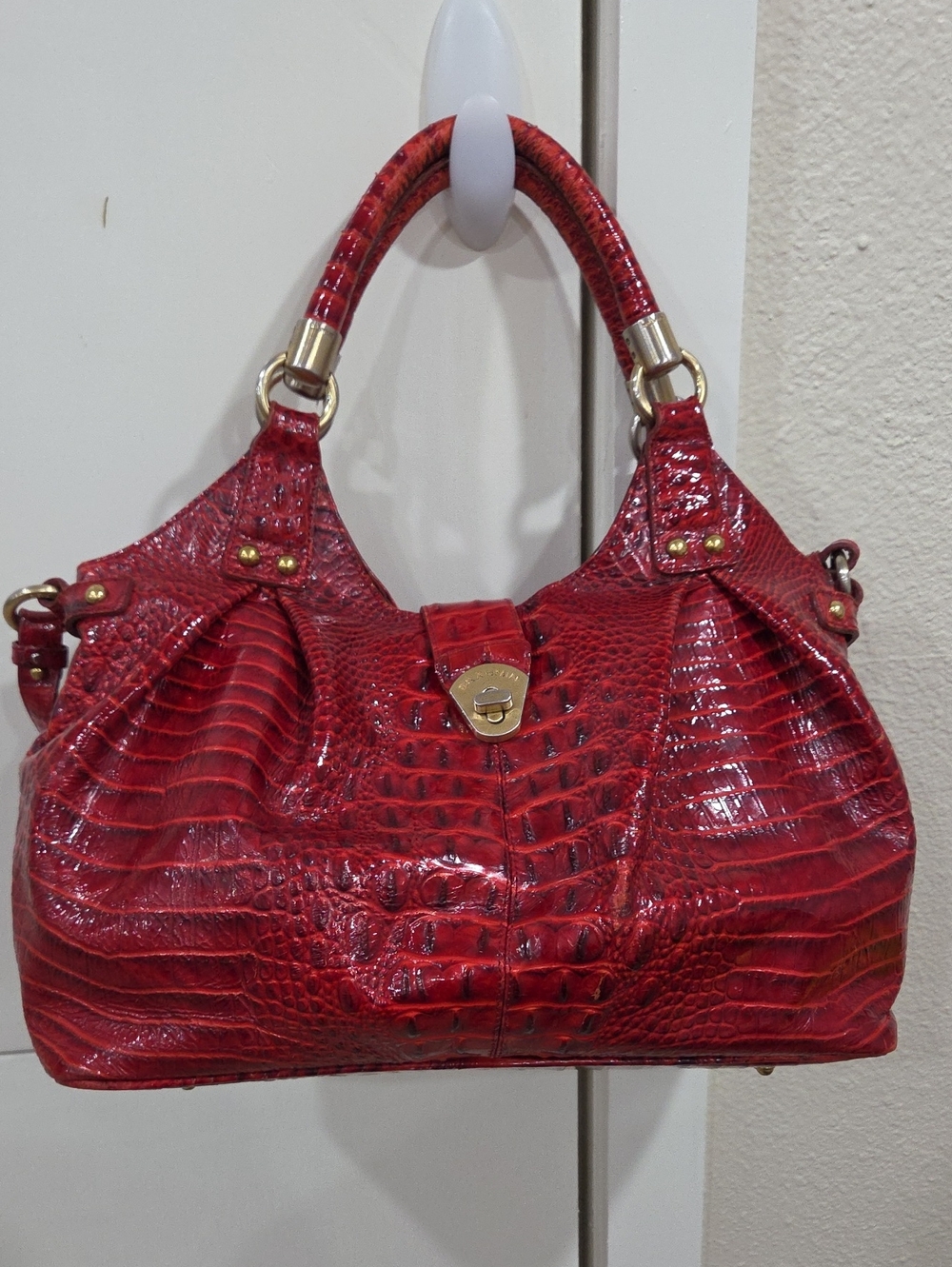 Brahmin Red Crocodile-Embossed Leather Satchel Handbag With Callouts